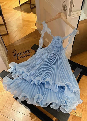 Cute A Line Halter Baby Blue Pleated Chiffon Short Homecoming Dress Birthday Dress HZ1023